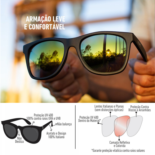 Óculos de Sol Hupi Luppa Preto Fosco Lente Verde Espelhado
