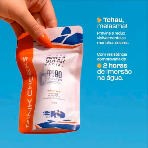 Protetor Solar Facial Pinkcheeks Pink Stick 42km Rio FPS 90 FPUVA 70 15,5g Maratona do Rio